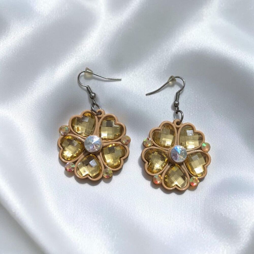 Golden Yellow Rhinestone Flower Earrings, Heart Petal Dangle Earrings, Y2K
